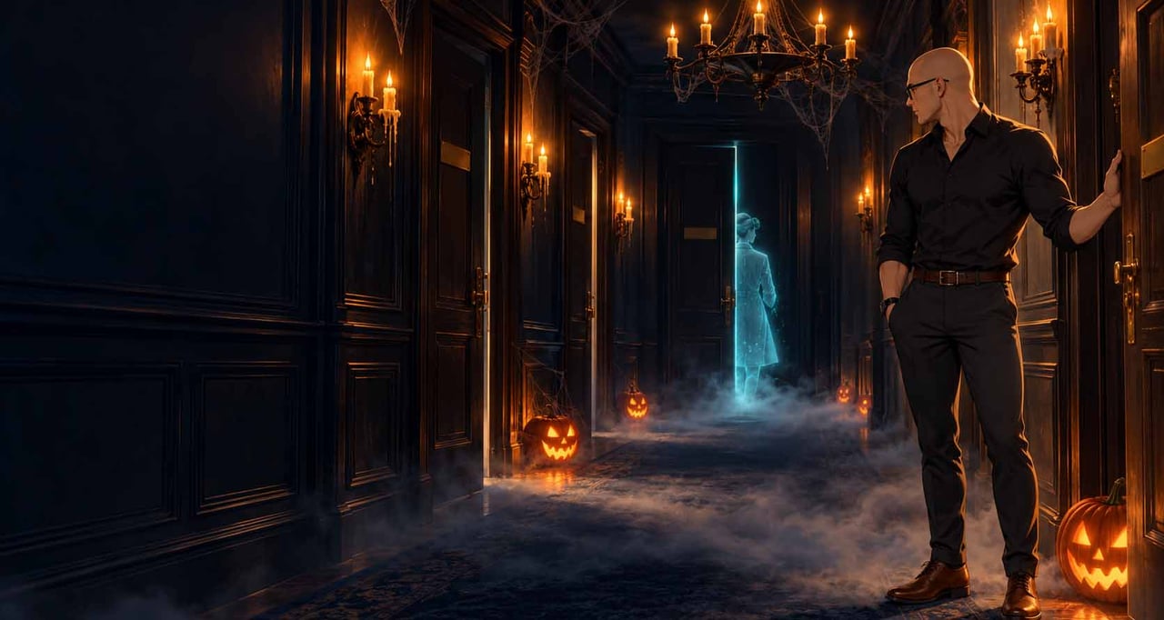 Ghostly synthetic customer vanishing down a haunted corridor